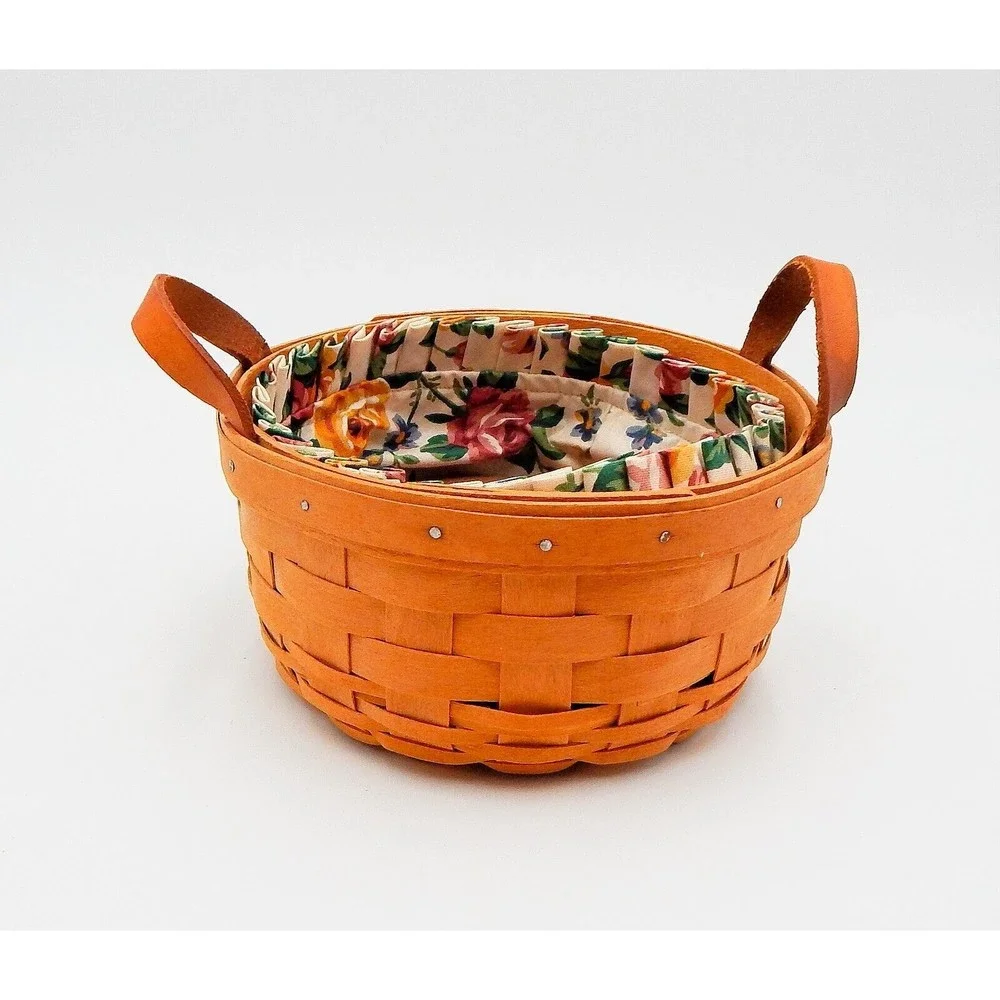 Longerberger 1996 Round Basket Leather Handles Fabric Liner and Warming Brick